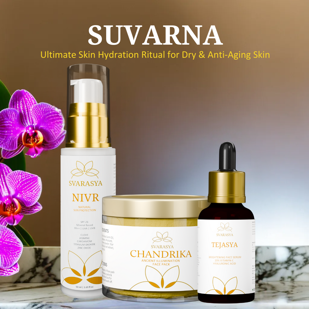 Dry Skin Ritual &quot;Suvarna&quot; for Skin Hydration &amp; Anti-Aging | Ubtan, Face Serum &amp; Sunscreen