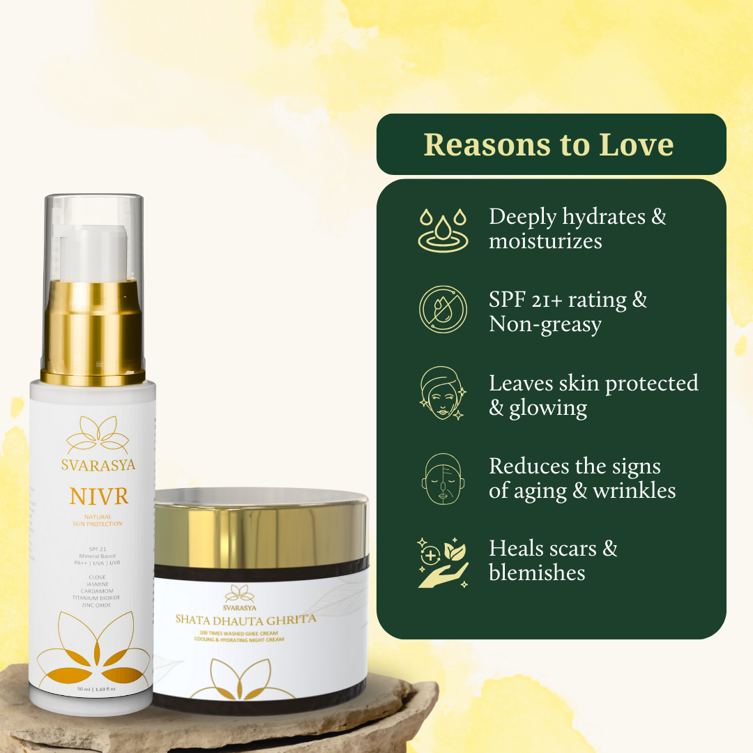 NIKHAAR- The Ultimate Sun Protection Combo for Dry Skin | Shata Dhauta Ghrita &amp; Nivr